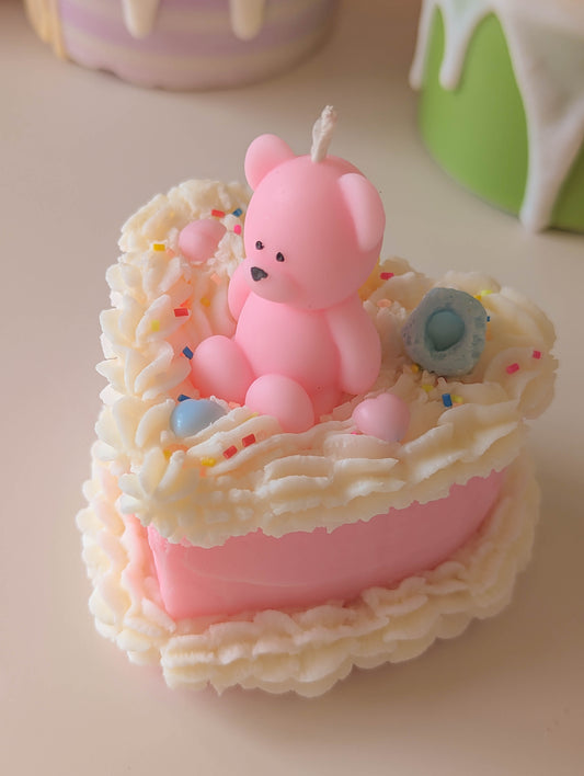 Cute Fruit Loop Teddy bear Whipped Pink Cake Candle