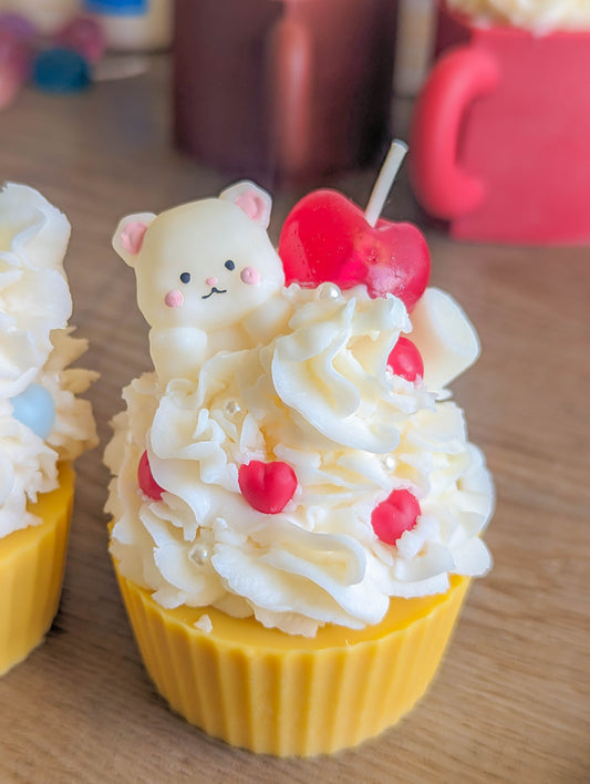 Kawaii Teddy bear Whipped Cupcake Cherry Candle
