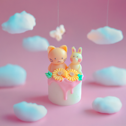 Kawaii Daisy Cat and Bunny mini Pink Dessert Cake Candle