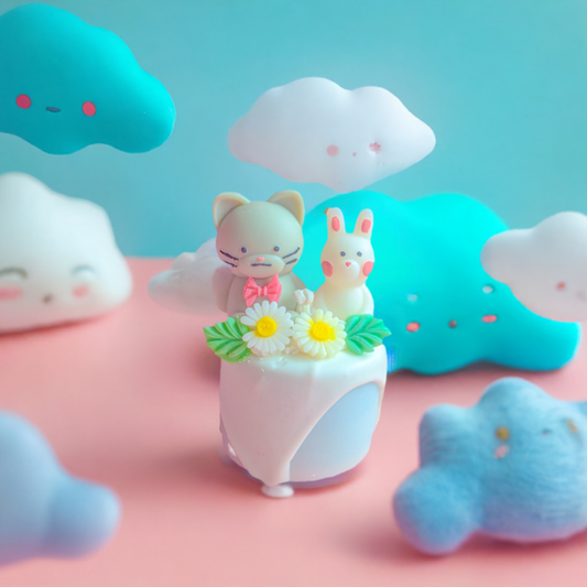 Kawaii Daisy Cat and Bunny mini  Blue Dessert Cake Candle
